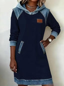 Chic Hooded Color-Block Denim Midi Dress