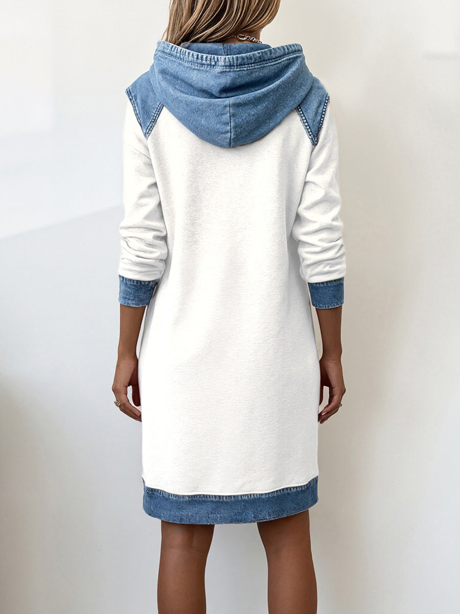 Chic Hooded Color-Block Denim Midi Dress