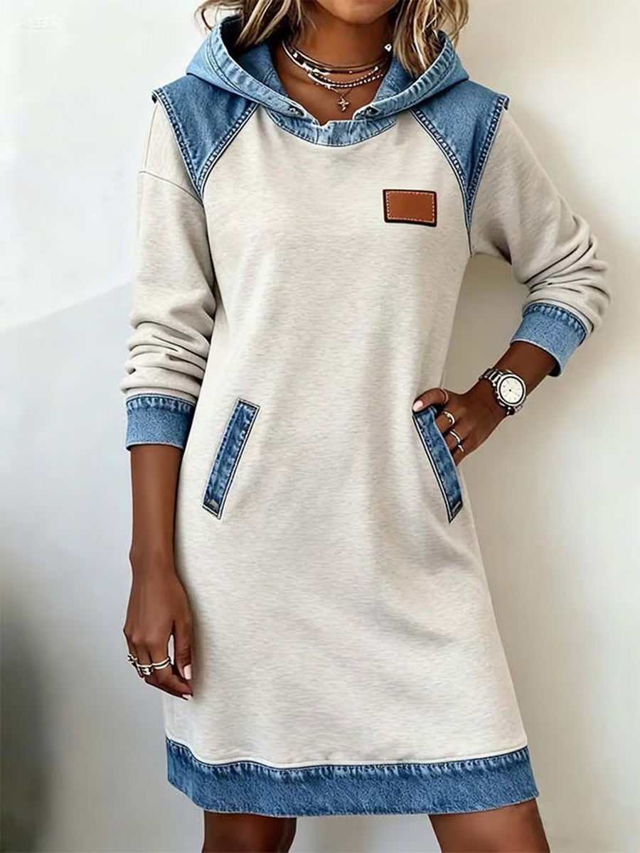 Chic Hooded Color-Block Denim Midi Dress