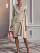 Chic V-Neck Waist-Defined Long-Sleeve Dress