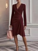 Chic V-Neck Waist-Defined Long-Sleeve Dress