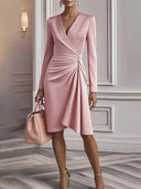 Chic V-Neck Waist-Defined Long-Sleeve Dress