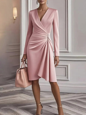 Chic V-Neck Waist-Defined Long-Sleeve Dress