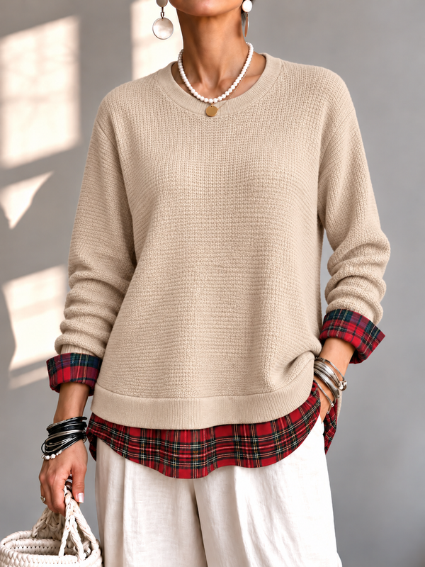 Chic Waffle Layered Look Plaid Top