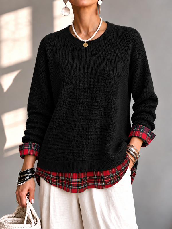 Chic Waffle Layered Look Plaid Top