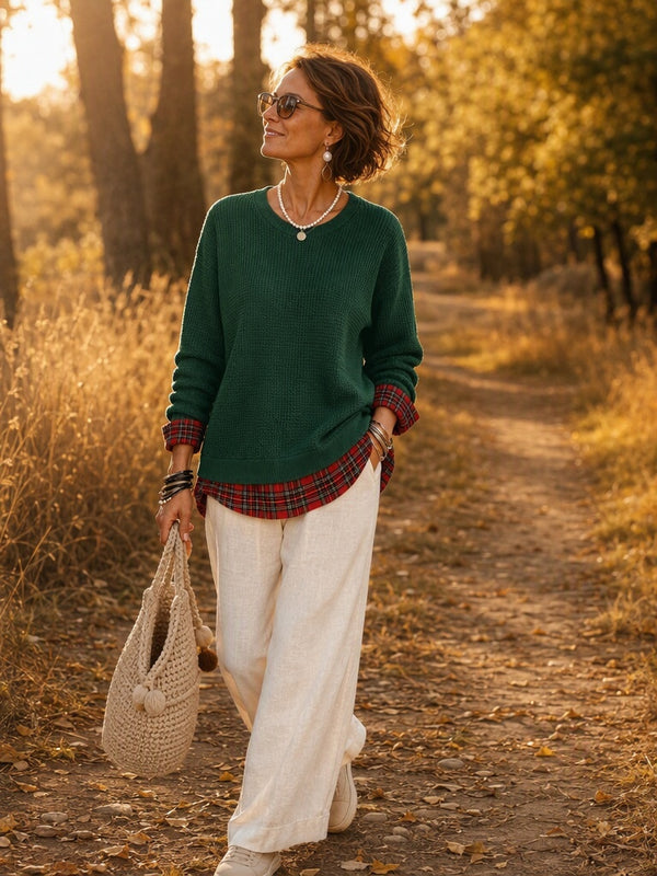 Chic Waffle Layered Look Plaid Top