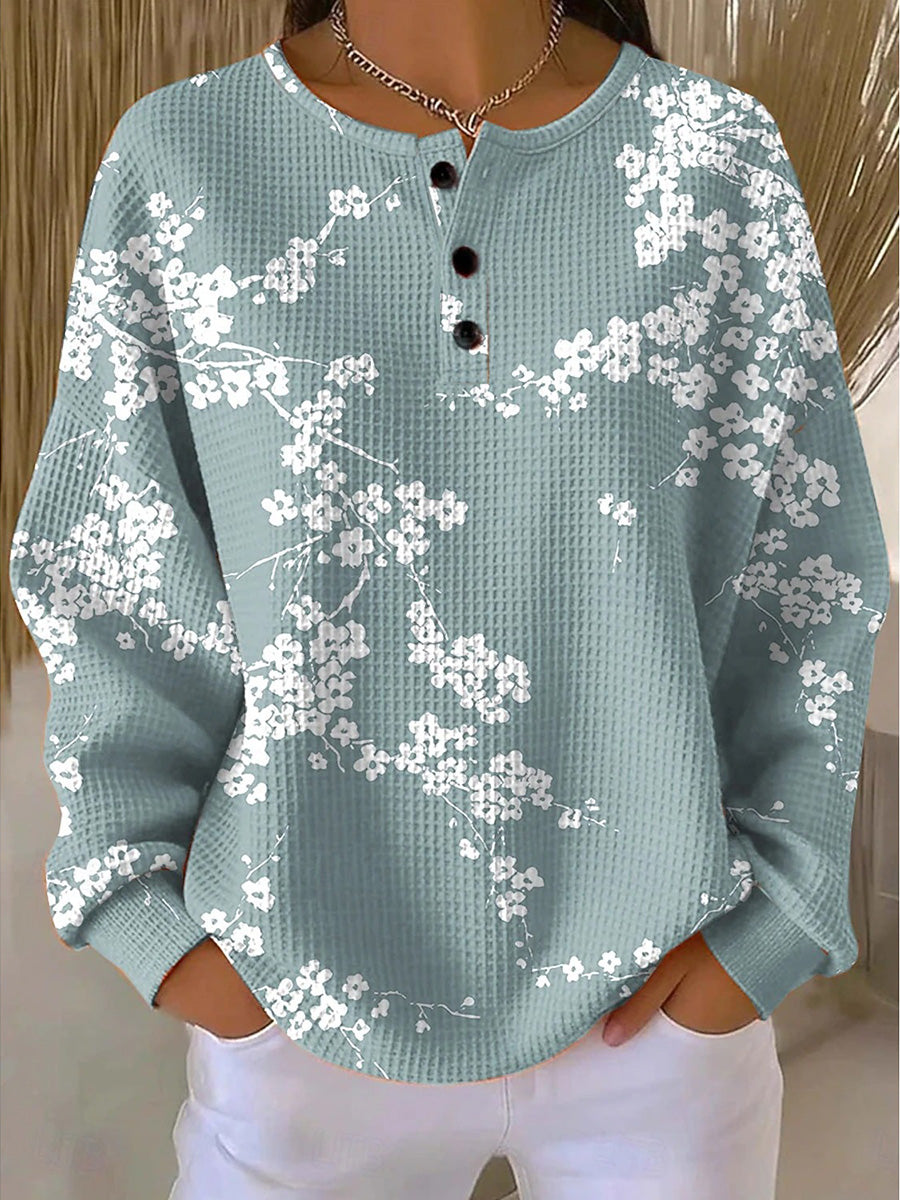 Chic Waffle Print Long Sleeve Top