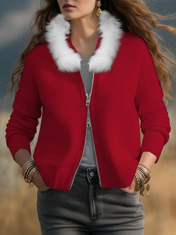 Christmas Fur-Collar Knit Cardigan