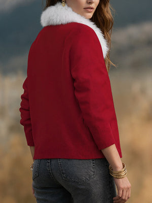 Christmas Fur-Collar Knit Cardigan
