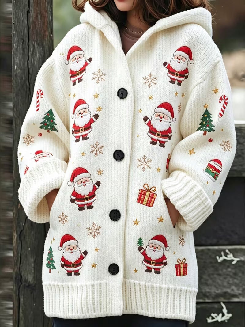Christmas Print Hooded Button Jacket
