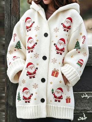 Christmas Print Hooded Button Jacket