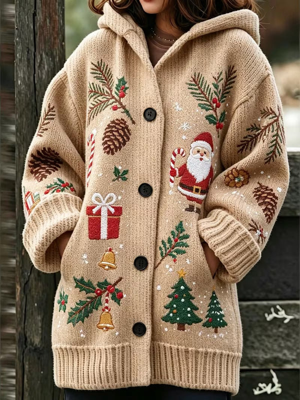 Christmas Print Hooded Button Jacket