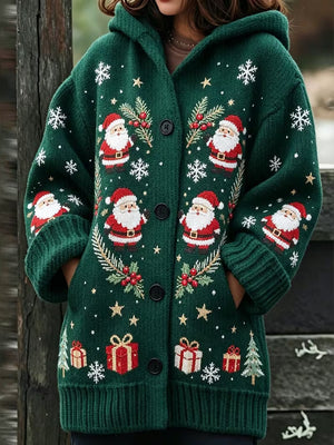 Christmas Print Hooded Button Jacket