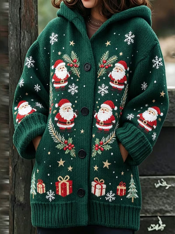 Christmas Print Hooded Button Jacket
