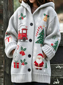 Christmas Print Hooded Button Jacket