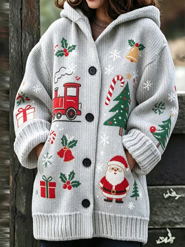 Christmas Print Hooded Button Jacket