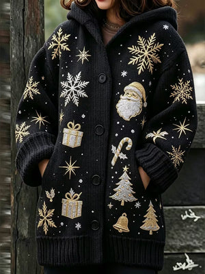 Christmas Print Hooded Button Jacket