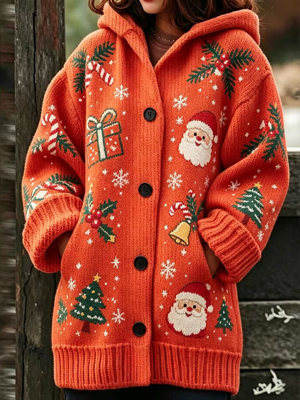 Christmas Print Hooded Button Jacket
