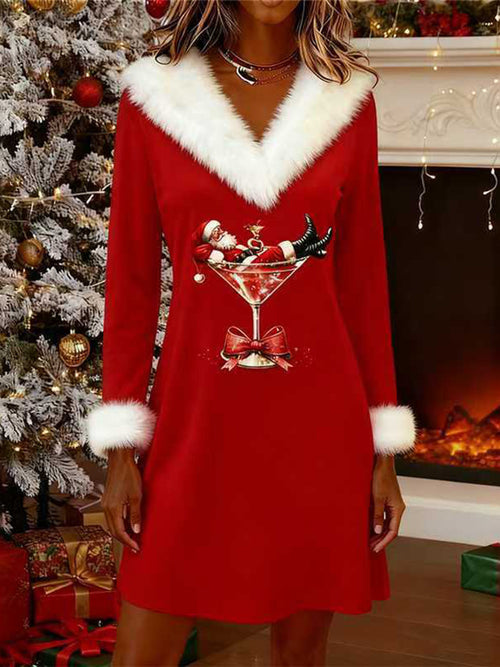 Christmas Wool V-Neck Long-Sleeve Dress