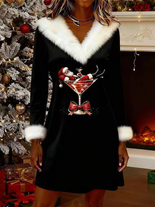 Christmas Wool V-Neck Long-Sleeve Dress