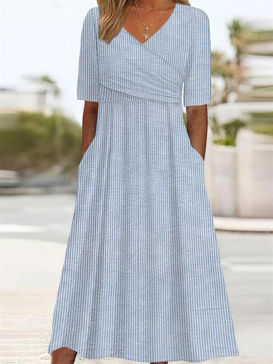 Classic Stripe Print Side Pocket Midi Dress