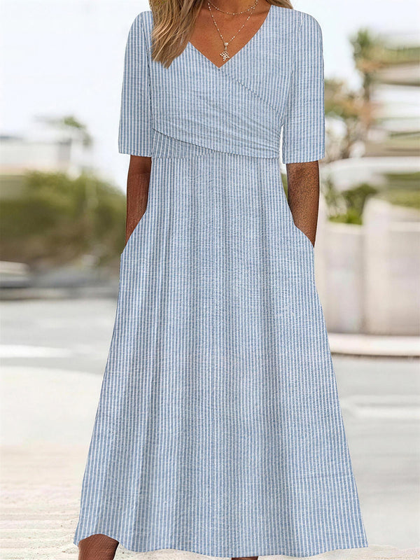 Classic Stripe Print Side Pocket Midi Dress