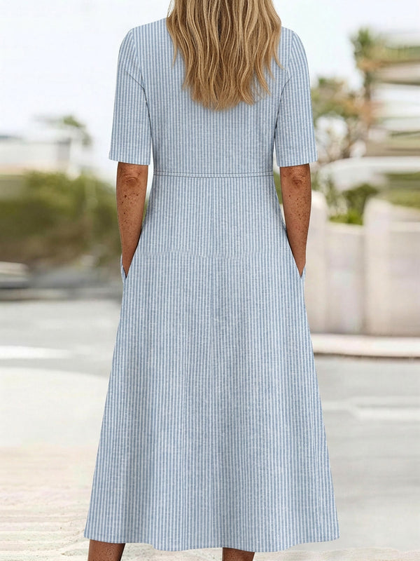 Classic Stripe Print Side Pocket Midi Dress