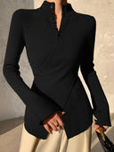 Classic Button-Front Stand Neck Sweater