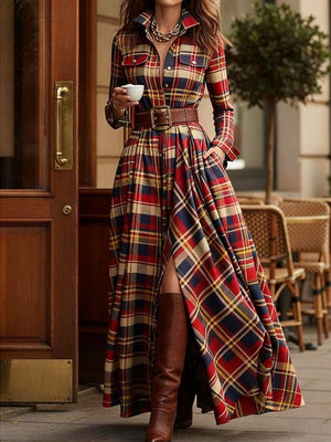 Classic Checkered Long Sleeve Maxi Dress