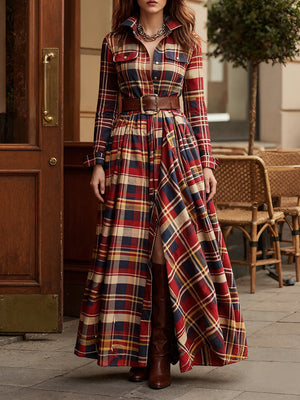 Classic Checkered Long Sleeve Maxi Dress