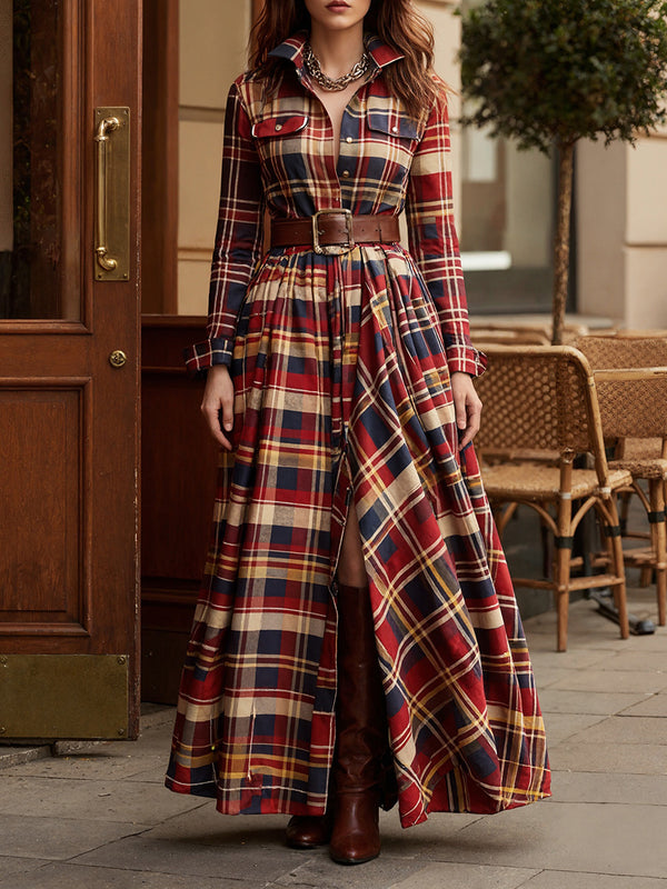 Classic Checkered Long Sleeve Maxi Dress