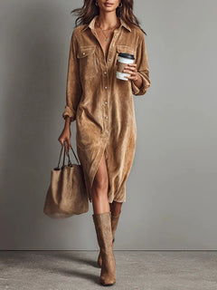 Classic Corduroy Button-Up Midi Dress