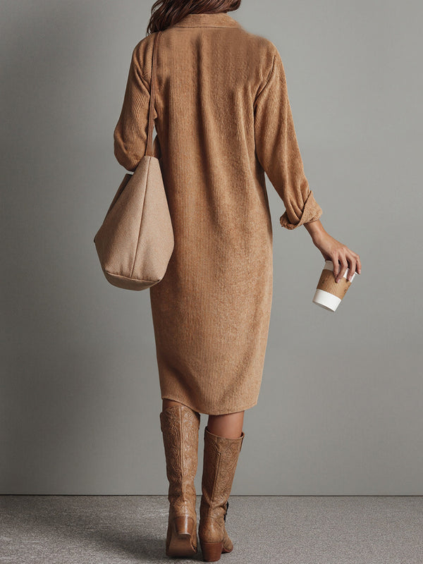 Classic Corduroy Button-Up Midi Dress