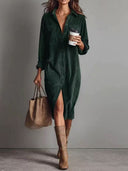 Classic Corduroy Button-Up Midi Dress