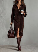Classic Corduroy Button-Up Midi Dress