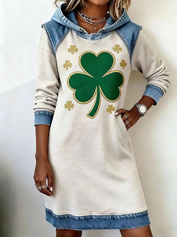 Clover Print Denim Patchwork Dress