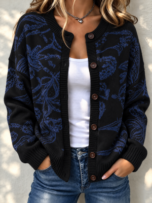 Elegant Jacquard Button Front Knit Cardigan
