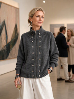 Relaxed Metal Button Two-Way Zip Knit Cardigan