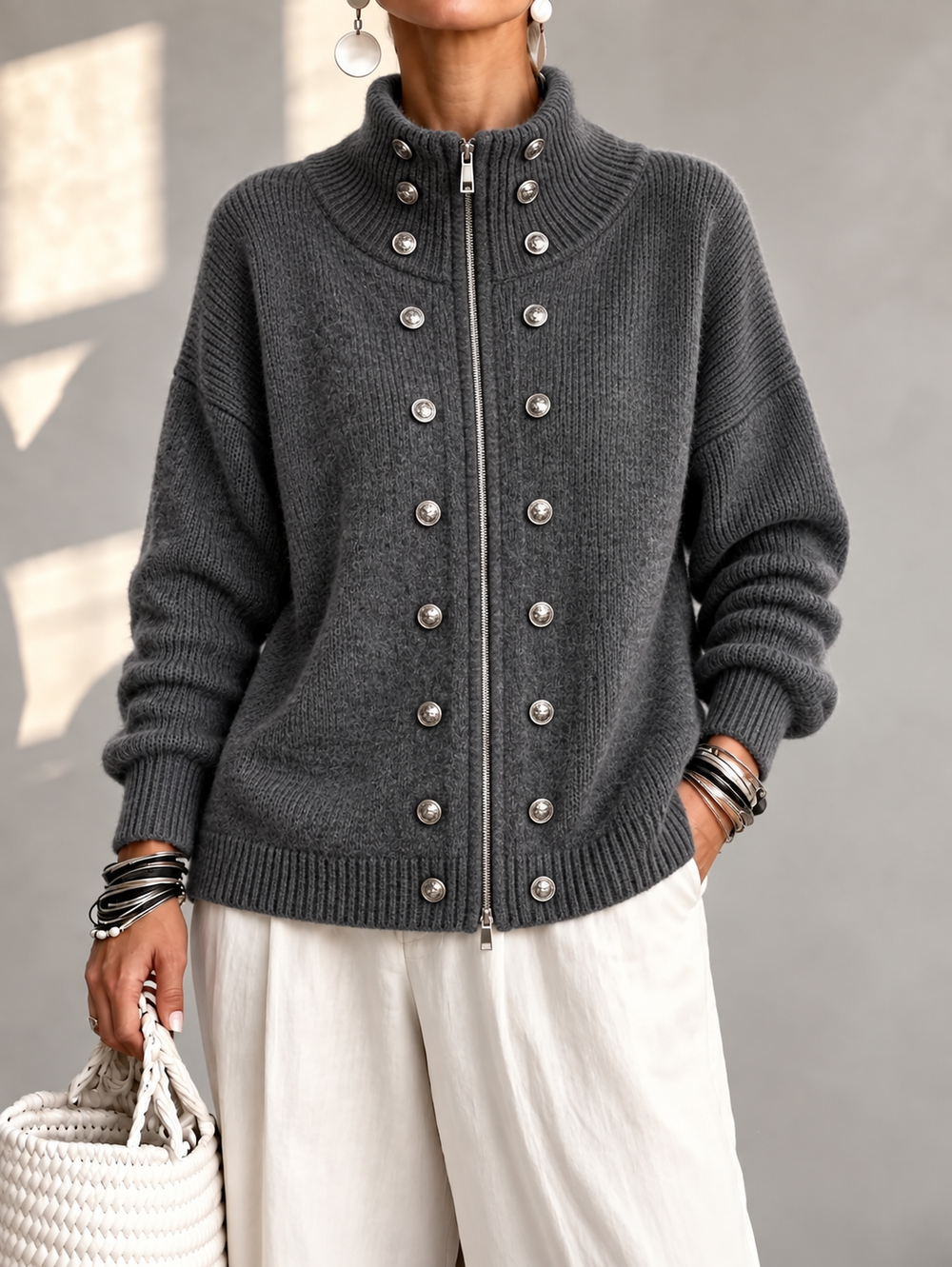Relaxed Metal Button Two-Way Zip Knit Cardigan