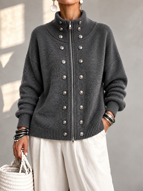 Relaxed Metal Button Two-Way Zip Knit Cardigan