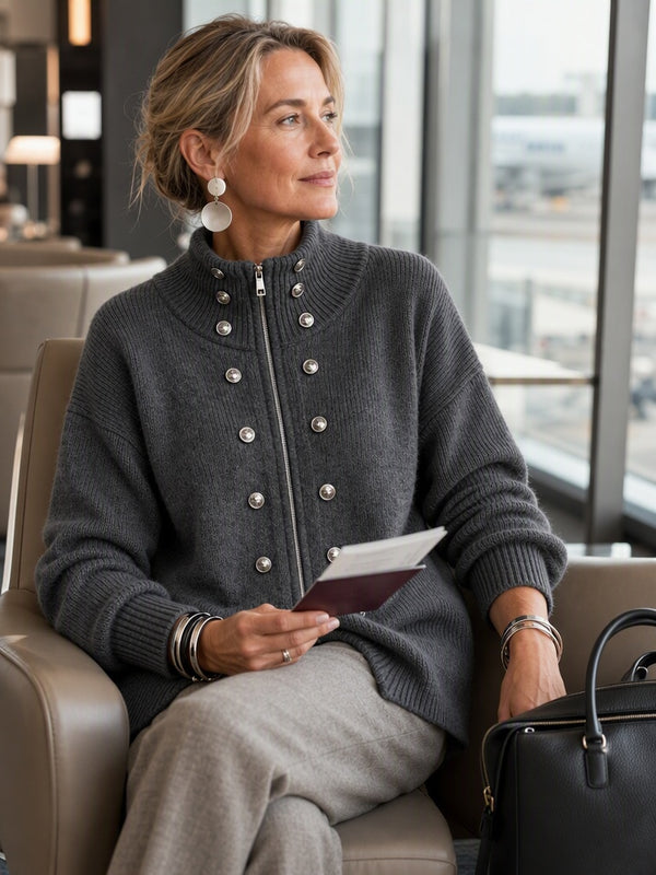 Relaxed Metal Button Two-Way Zip Knit Cardigan