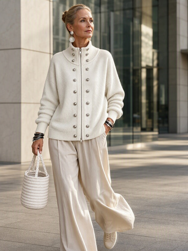 Relaxed Metal Button Two-Way Zip Knit Cardigan