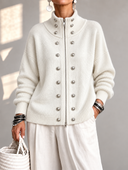 Relaxed Metal Button Two-Way Zip Knit Cardigan