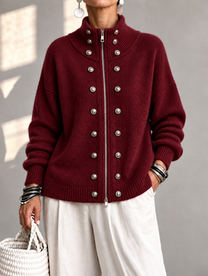 Relaxed Metal Button Two-Way Zip Knit Cardigan