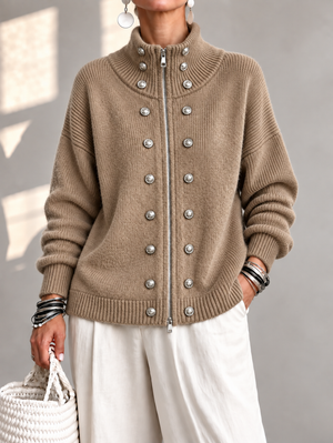 Relaxed Metal Button Two-Way Zip Knit Cardigan