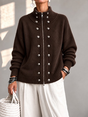 Relaxed Metal Button Two-Way Zip Knit Cardigan