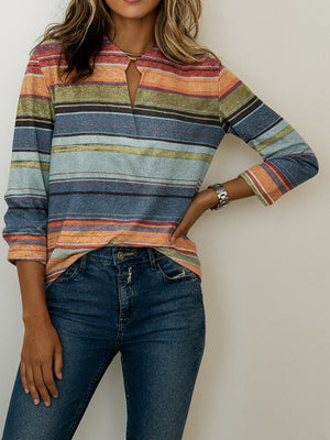Color-blocked Striped Printed Long Sleeve Top