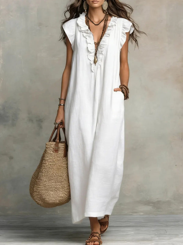 Comfort Ruffle Neck Short Sleeve Maxi Dress