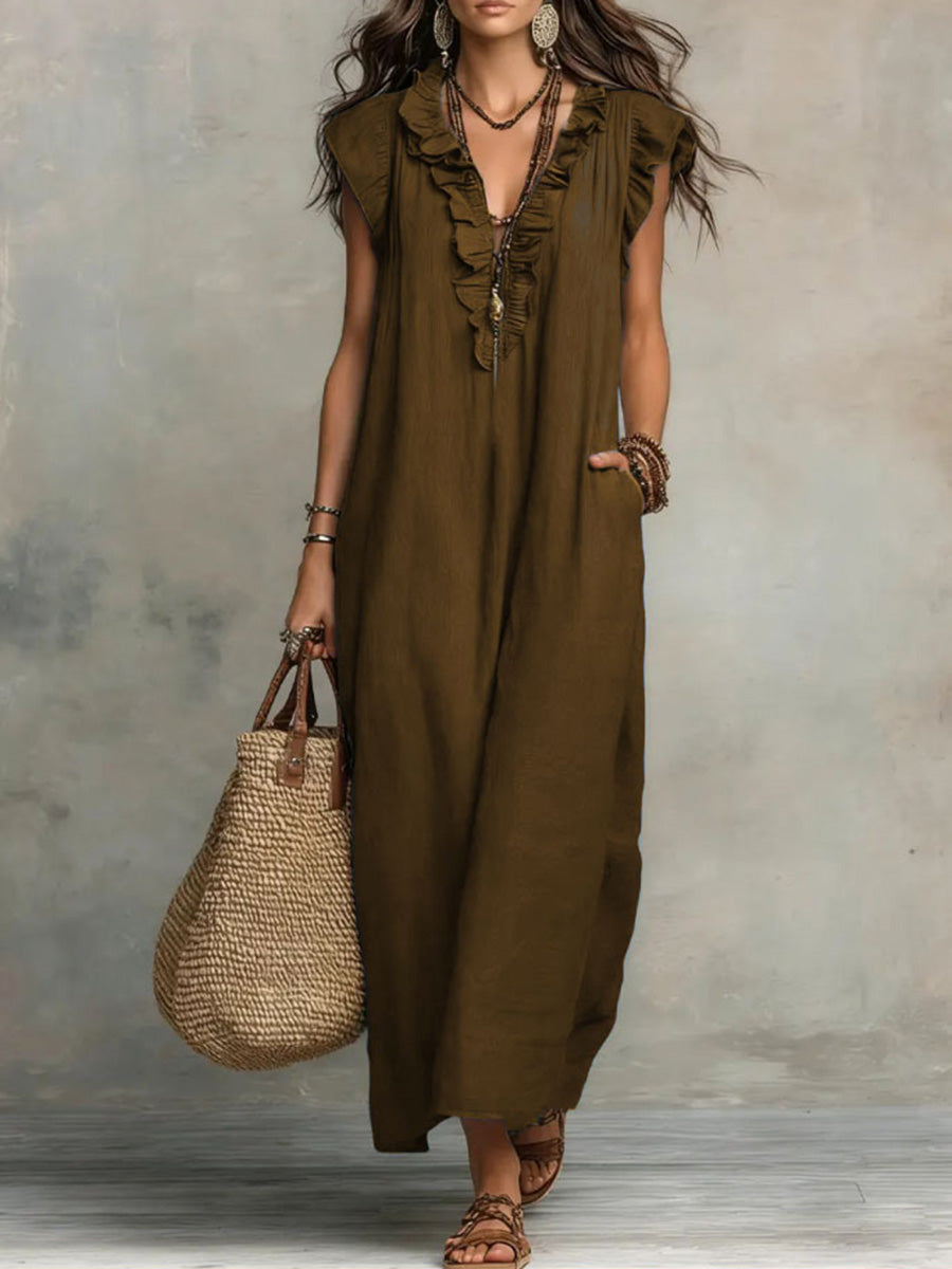 Comfort Ruffle Neck Short Sleeve Maxi Dress