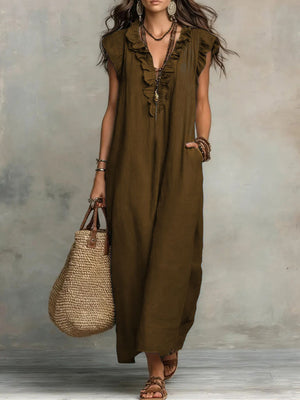 Comfort Ruffle Neck Short Sleeve Maxi Dress